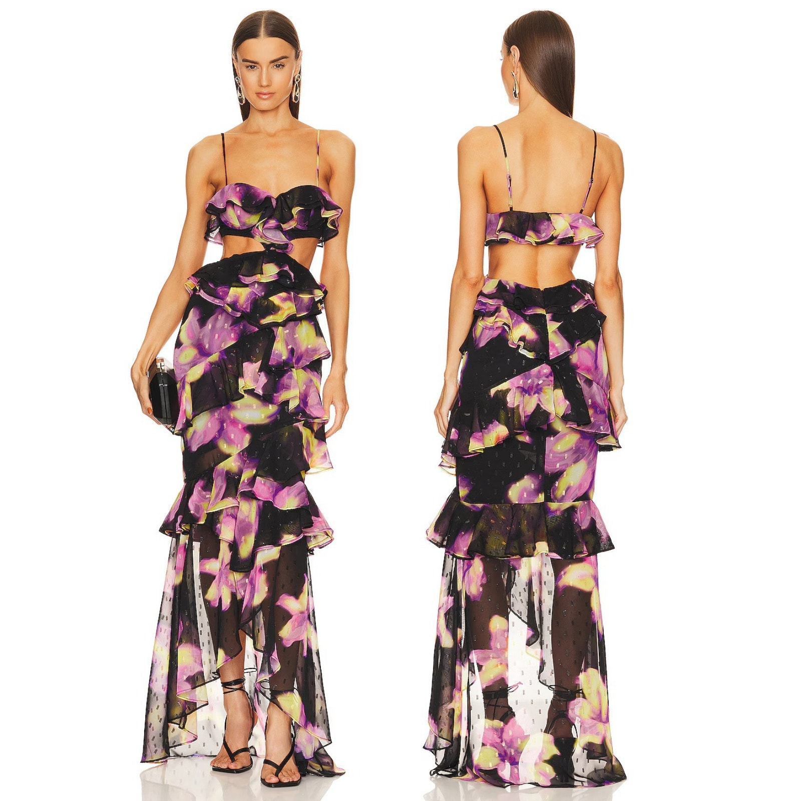 Michael Costello Abby Gown Tiered Ruffle Floral Avant Garde Formal Boho Party Xs